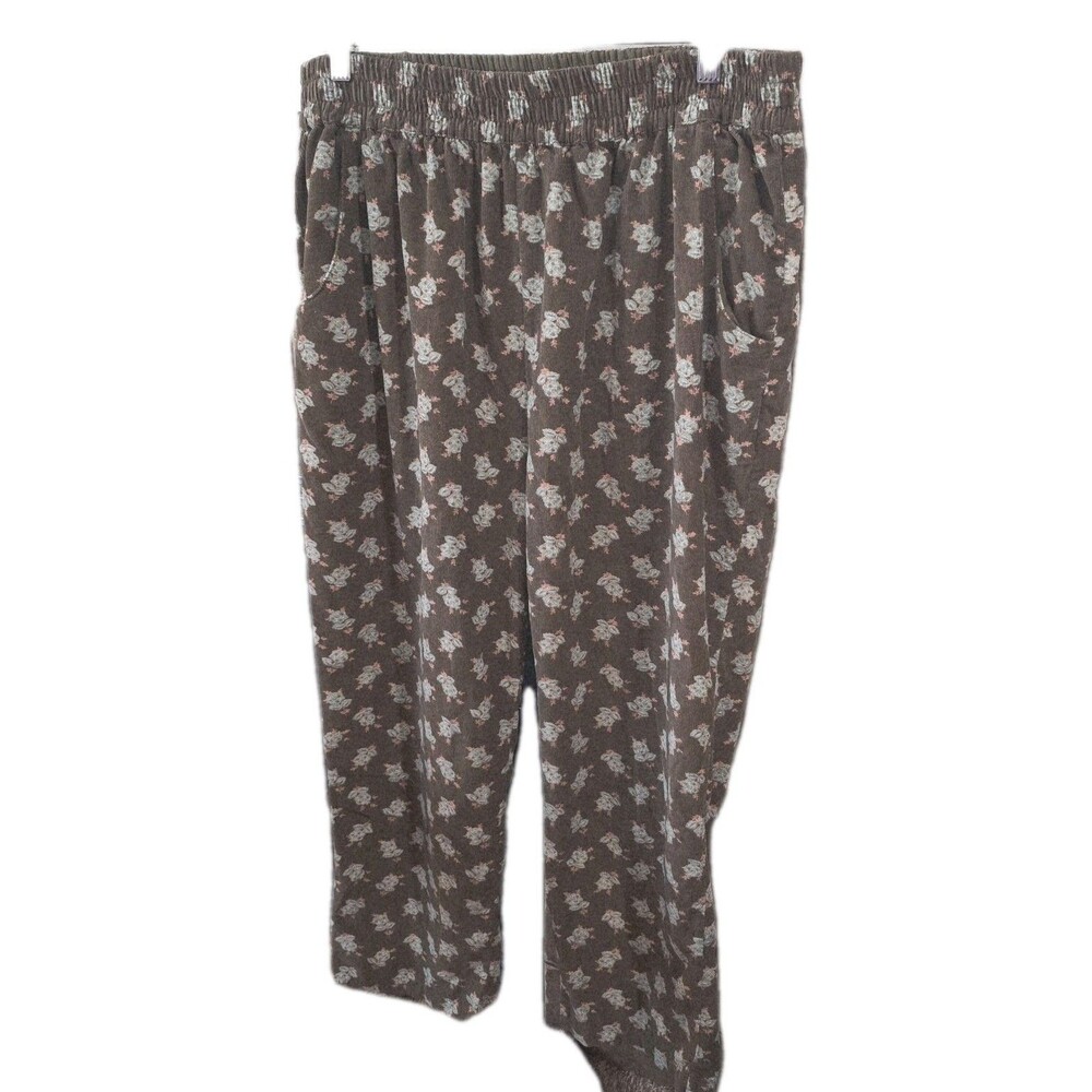 APRIL CORNELL Sz XL Olive Green & AOP Mint Flowers Print Corduroy Casual Pants